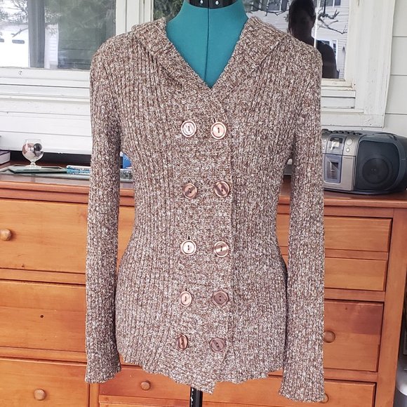 Double-Breasted Hooded Mottled Brown Sweater - Picture 1 of 5